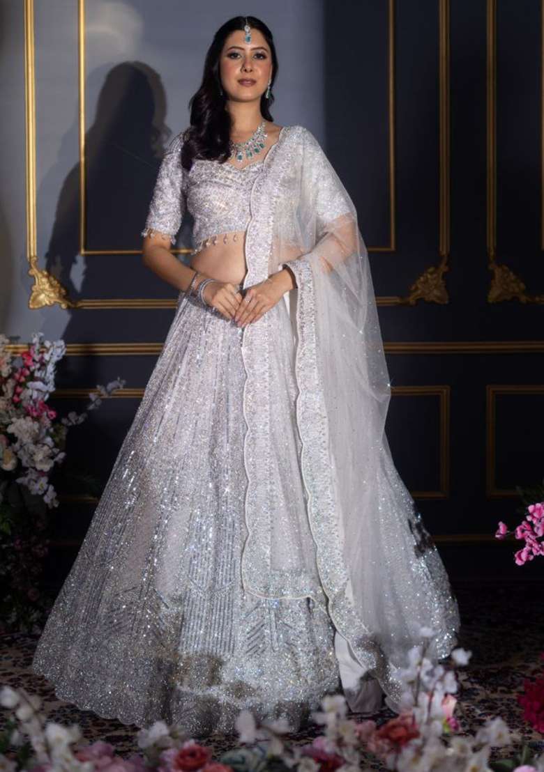 Silver Georgette Lehenga Set with Embroidery for Diwali | Wedding & Festive Wear - Indya