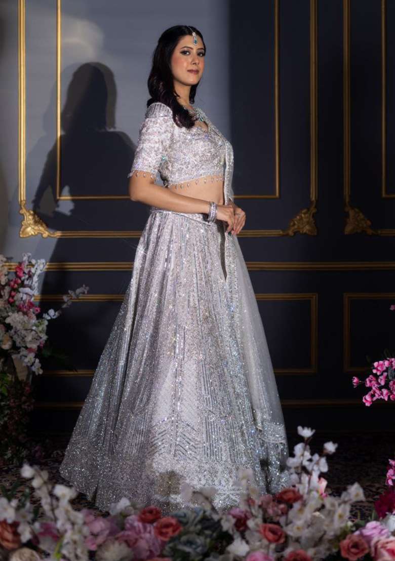 Silver Georgette Lehenga Set with Embroidery for Diwali | Wedding & Festive Wear - Indya