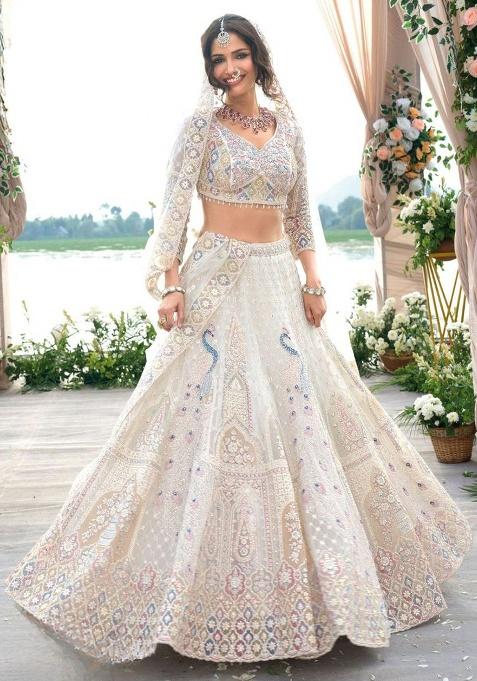 White Embroidery Net Lehenga Set