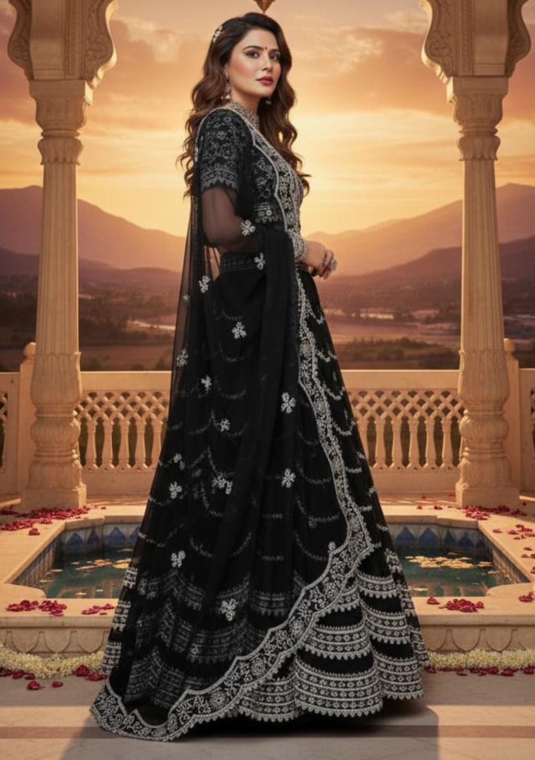 Black Thread With Sequnce Georgette Lehenga Set - Indya