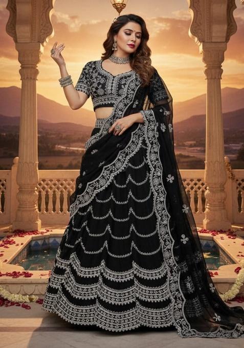 Black Thread With Sequnce Georgette Lehenga Set