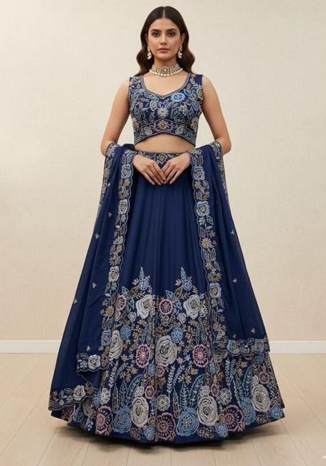 Blue Thread With Sequnce Silk Lehenga Set