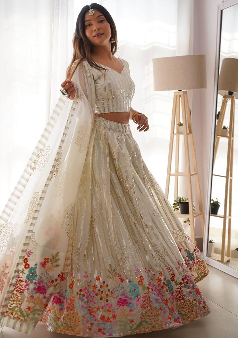 Off White Thread With Sequnce Georgette Lehenga Set - Indya