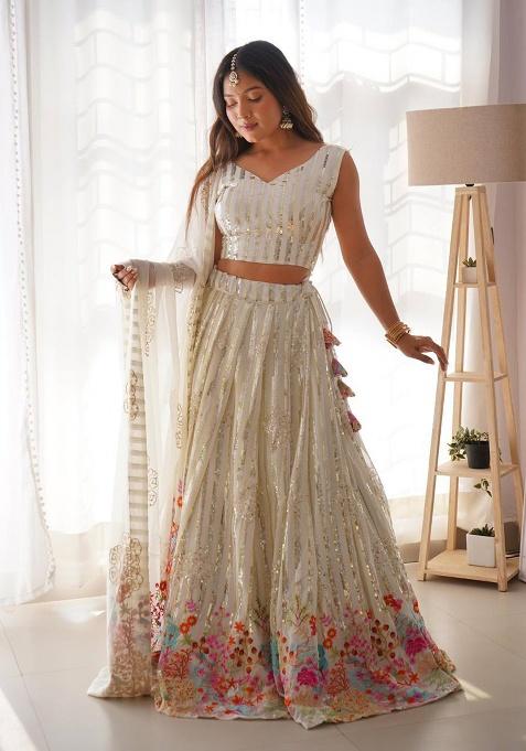 Off White Thread With Sequnce Georgette Lehenga Set
