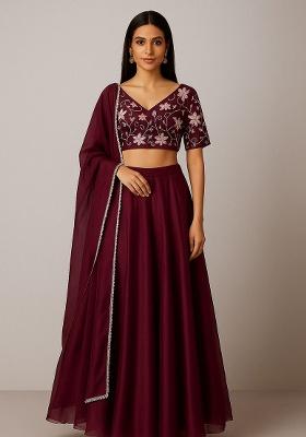 Wine Solid Silk Lehenga Set