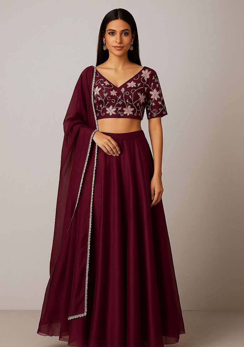 Wine Solid Silk Blend Lehenga Set - Indya