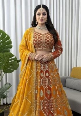 Yellow Thread And Sequnce Embroidery Georgette Lehenga Set