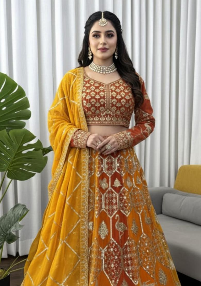 Yellow Thread And Sequnce Embroidery Georgette Lehenga Set