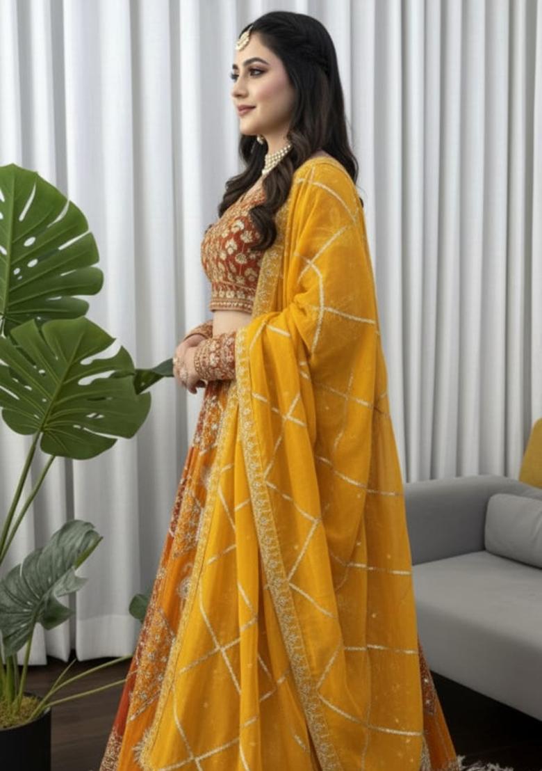 Yellow Thread And Sequnce Embroidery Georgette Lehenga Set - Indya
