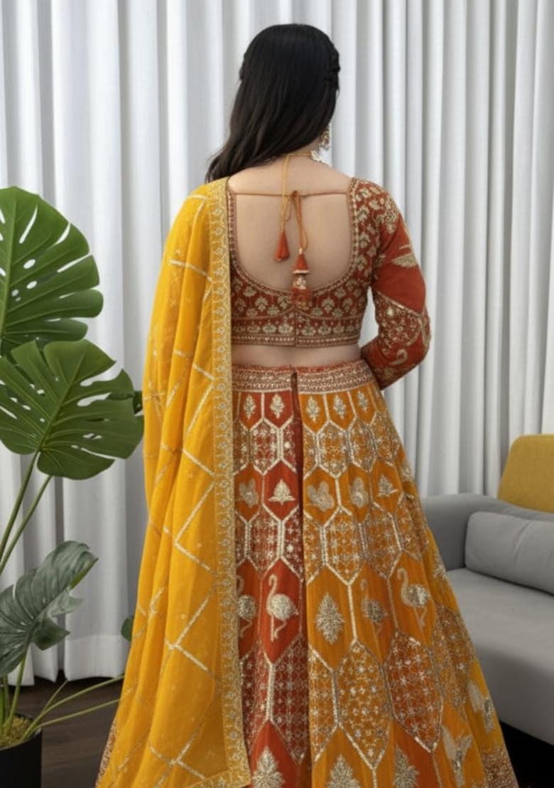 Yellow Thread And Sequnce Embroidery Georgette Lehenga Set