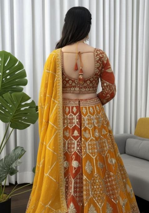 Yellow Thread And Sequnce Embroidery Georgette Lehenga Set