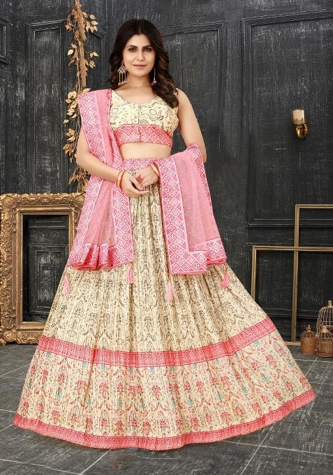 White Digital Printed Silk Lehenga Set