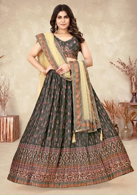 Black Digital Printed Silk Lehenga Set