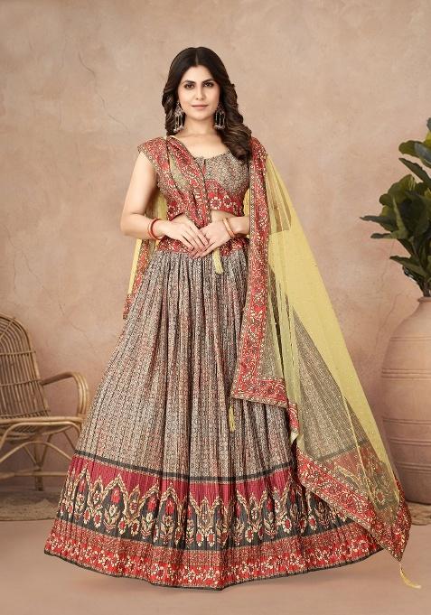 Grey Digital Printed Silk Lehenga Set