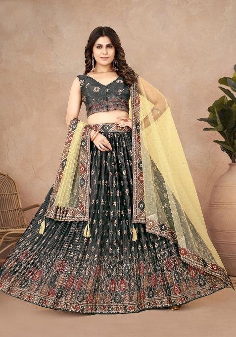 Black Digital Printed Silk Lehenga Set