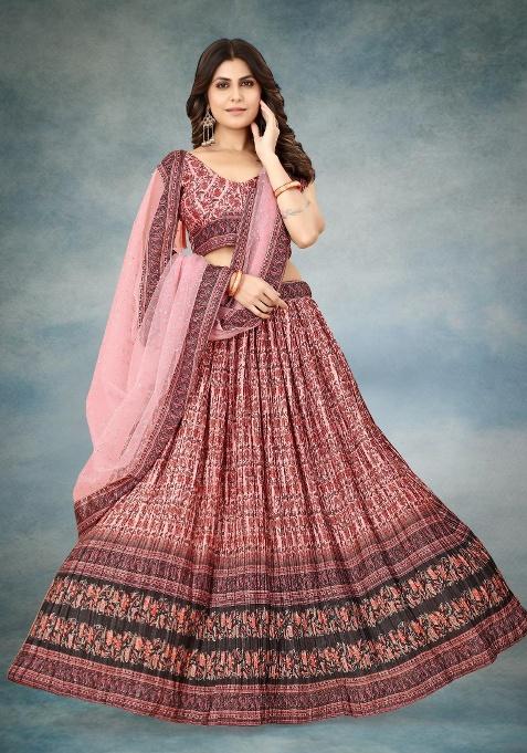 Maroon Digital Printed Silk Lehenga Set
