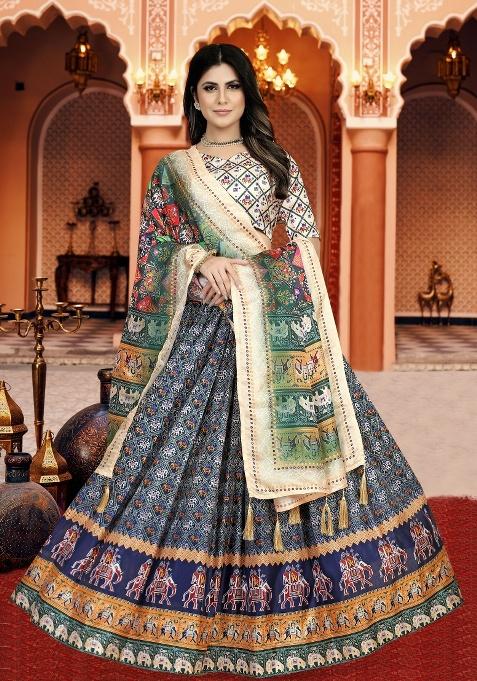 Multicolor Digital Printed Silk Lehenga Set