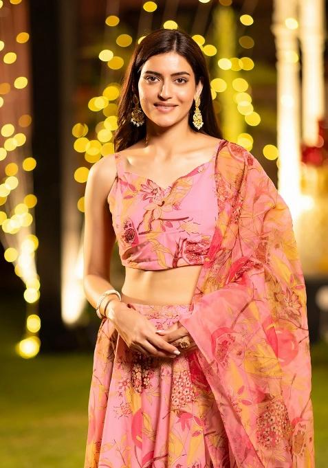 Pink Digital Printed Chinon Lehenga Set