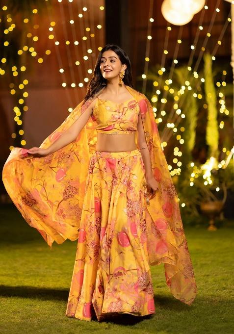 Yellow Digital Printed Chinon Lehenga Set