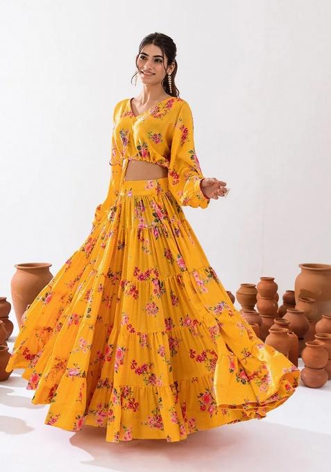 Yellow Digital Printed Chinon Lehenga Set