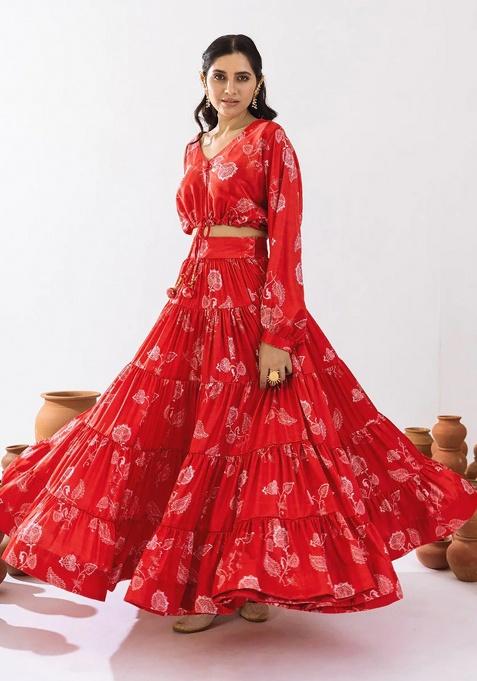 Red Digital Printed Chinon Lehenga Set