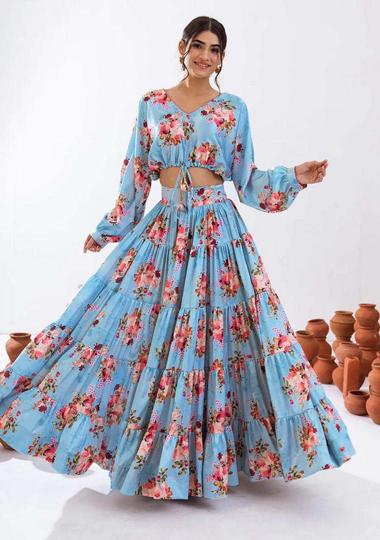 Blue Digital Printed Chinon Lehenga Set