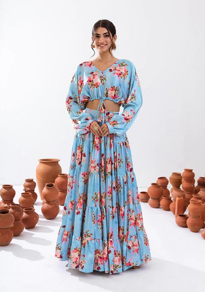 Blue Digital Printed Chinon Lehenga Set