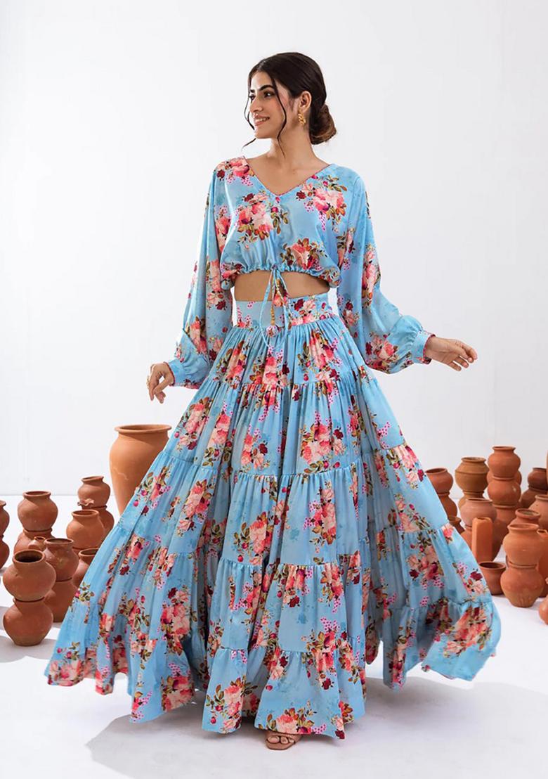 Blue Digital Printed Chinon Lehenga Set
