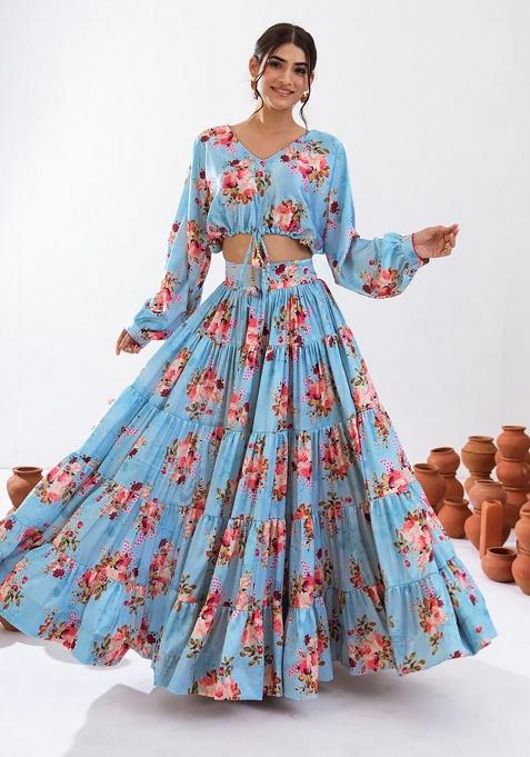Blue Digital Printed Chinon Lehenga Set