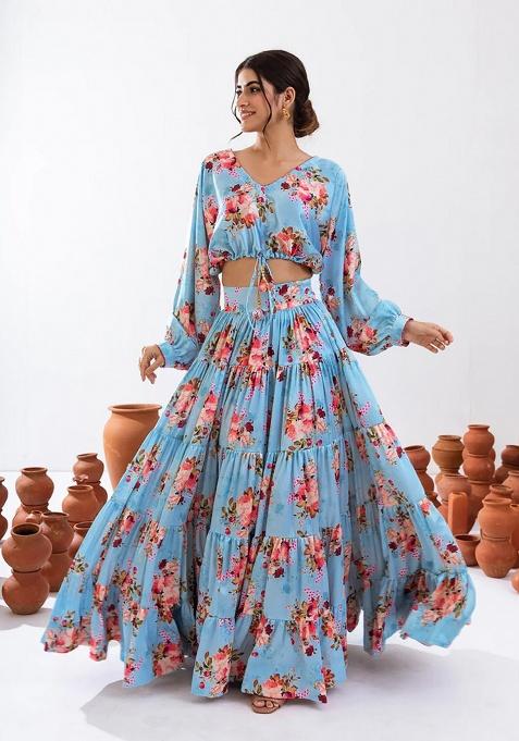 Blue Digital Printed Chinon Lehenga Set