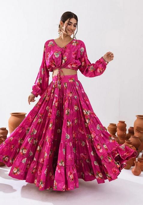Magenta Digital Printed Chinon Lehenga Set