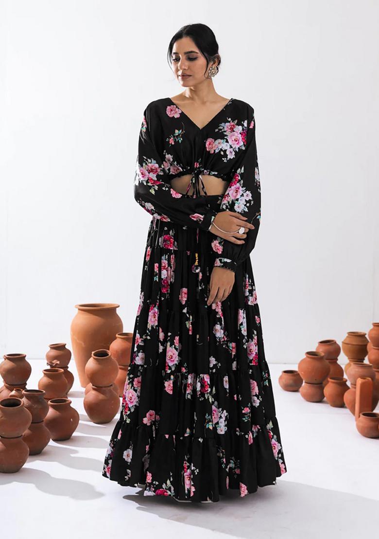 Black Digital Printed Chinon Lehenga Set
