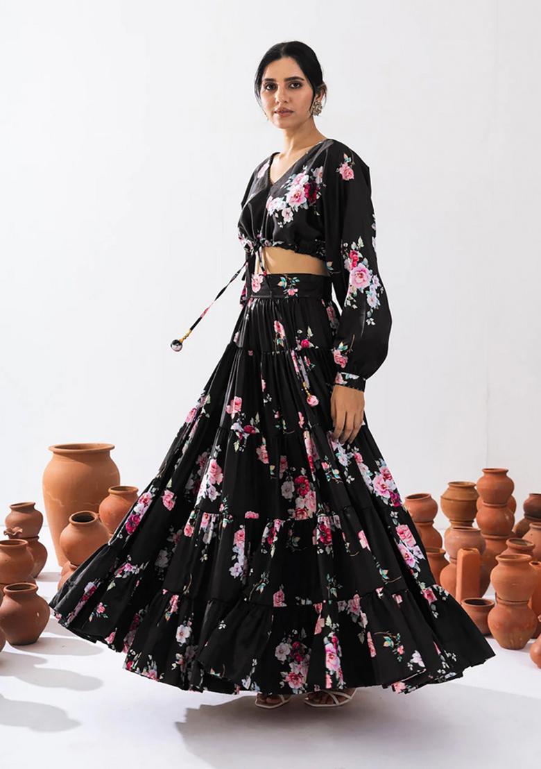 Black Digital Printed Chinon Lehenga Set