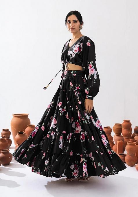 Black Digital Printed Chinon Lehenga Set