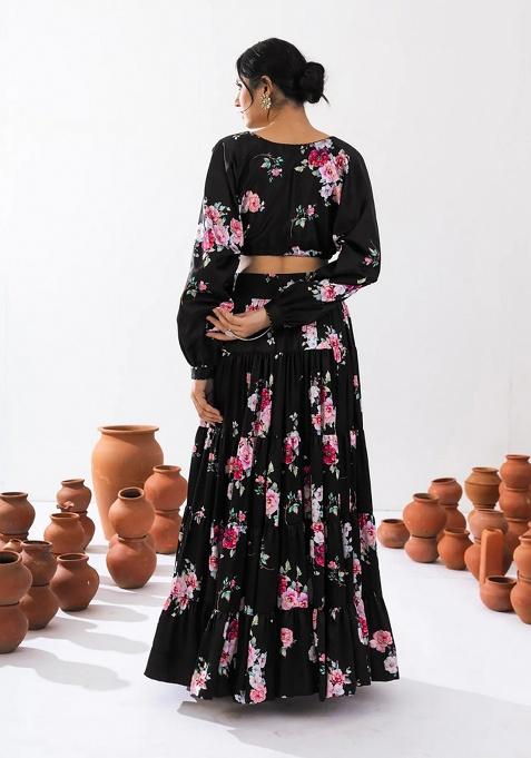 Black Digital Printed Chinon Lehenga Set