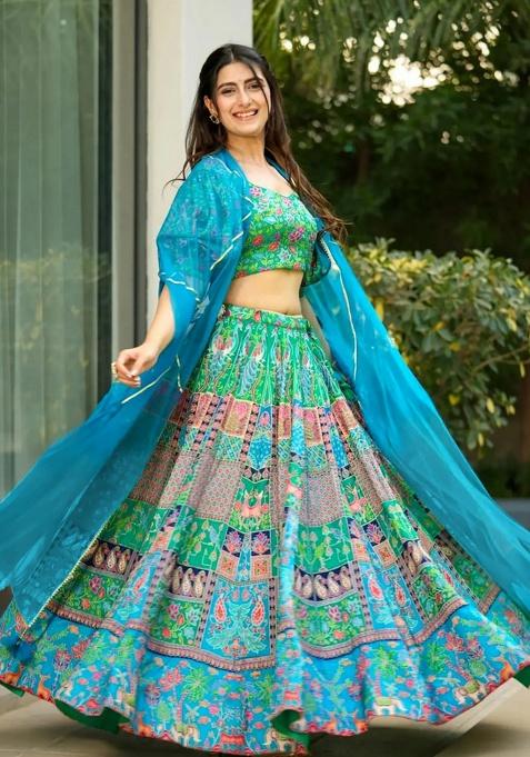 Multicolor Digital Printed Silk Lehenga Set