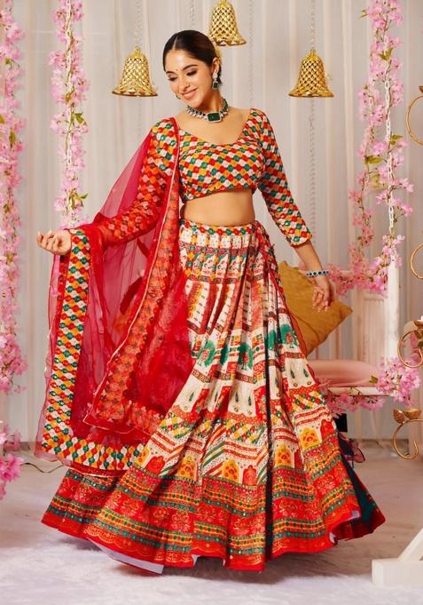 Multicolor Digital Printed Silk Lehenga Set