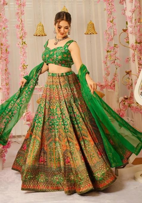 Green Digital Printed Silk Lehenga Set