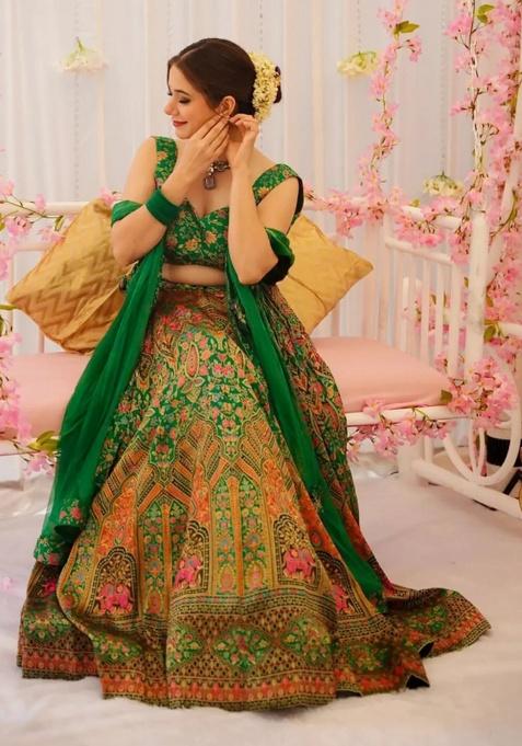 Green Digital Printed Silk Lehenga Set