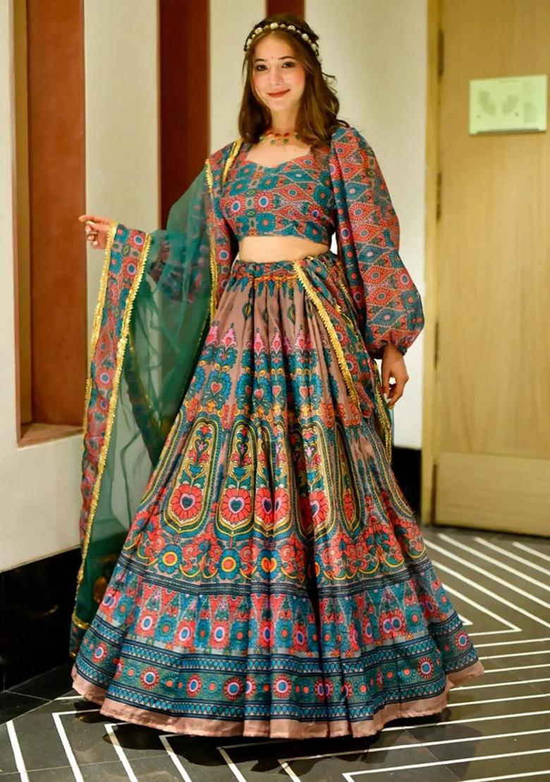 Firozi Digital Printed Silk Lehenga Set