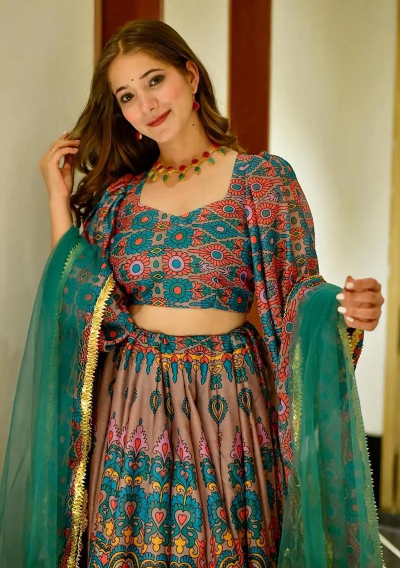 Firozi Digital Printed Silk Lehenga Set