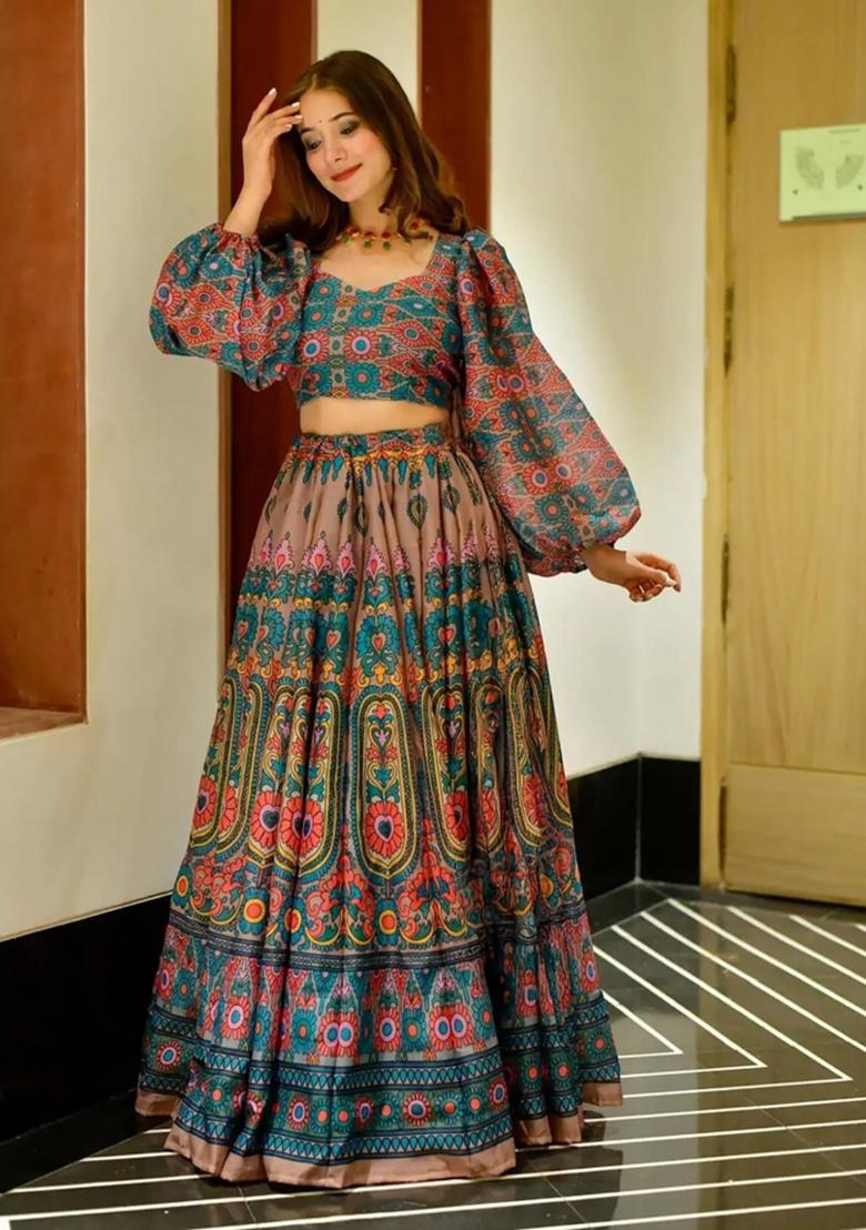 Firozi Digital Printed Silk Lehenga Set