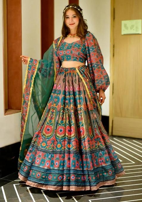 Firozi Digital Printed Silk Lehenga Set