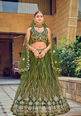 Mehendi Embroidery Net Lehenga Set With Dupatta