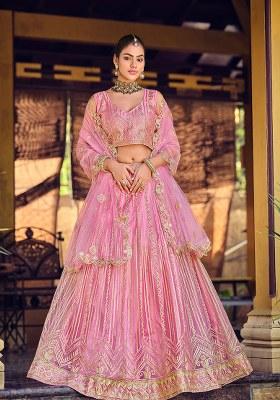 Pink Embroidery Net Lehenga Set With Dupatta