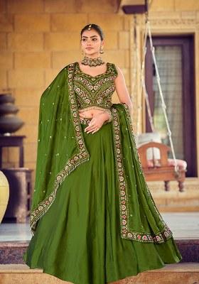 Mehendi Embroidery Silk Lehenga Set With Dupatta