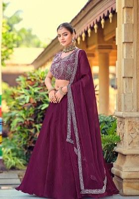 Purple Embroidery Silk Lehenga Set With Dupatta
