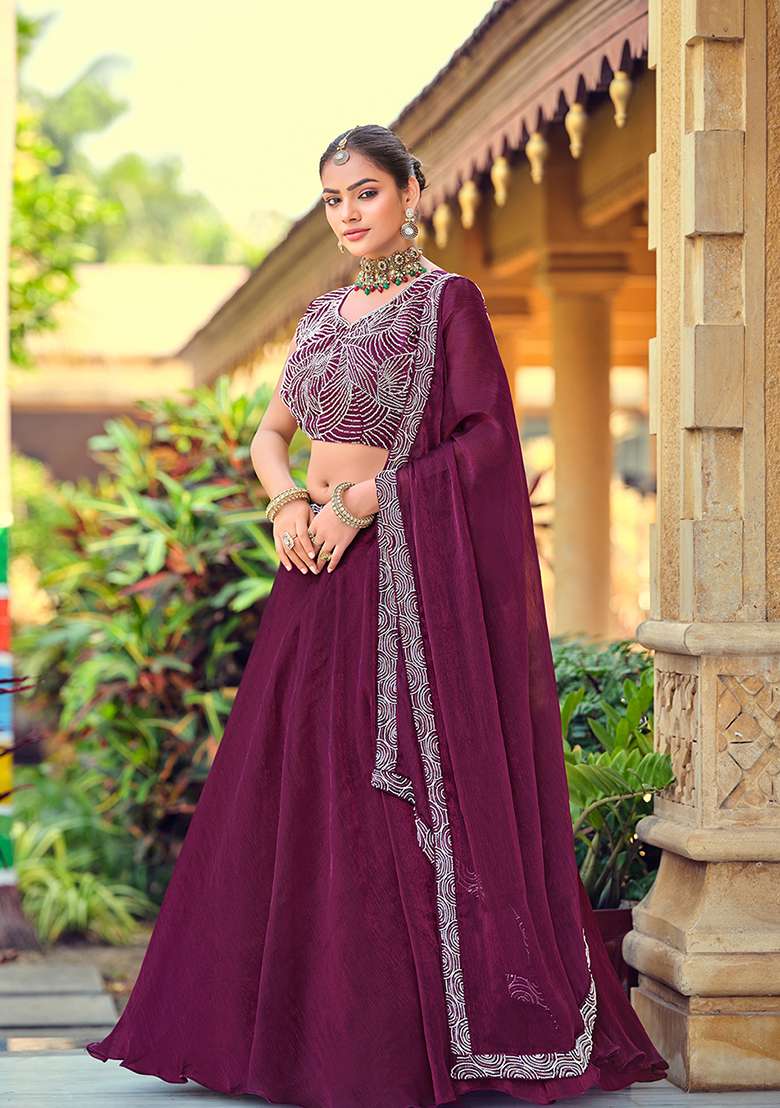 Purple With Dupatta Silk Blend Lehenga Set with Embroidery for Diwali | Wedding & Festive Wear - Indya