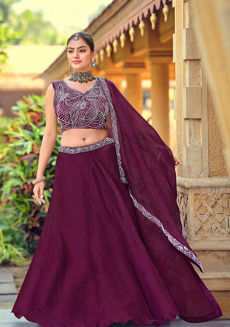 Purple With Dupatta Silk Blend Lehenga Set with Embroidery for Diwali | Wedding & Festive Wear - Indya
