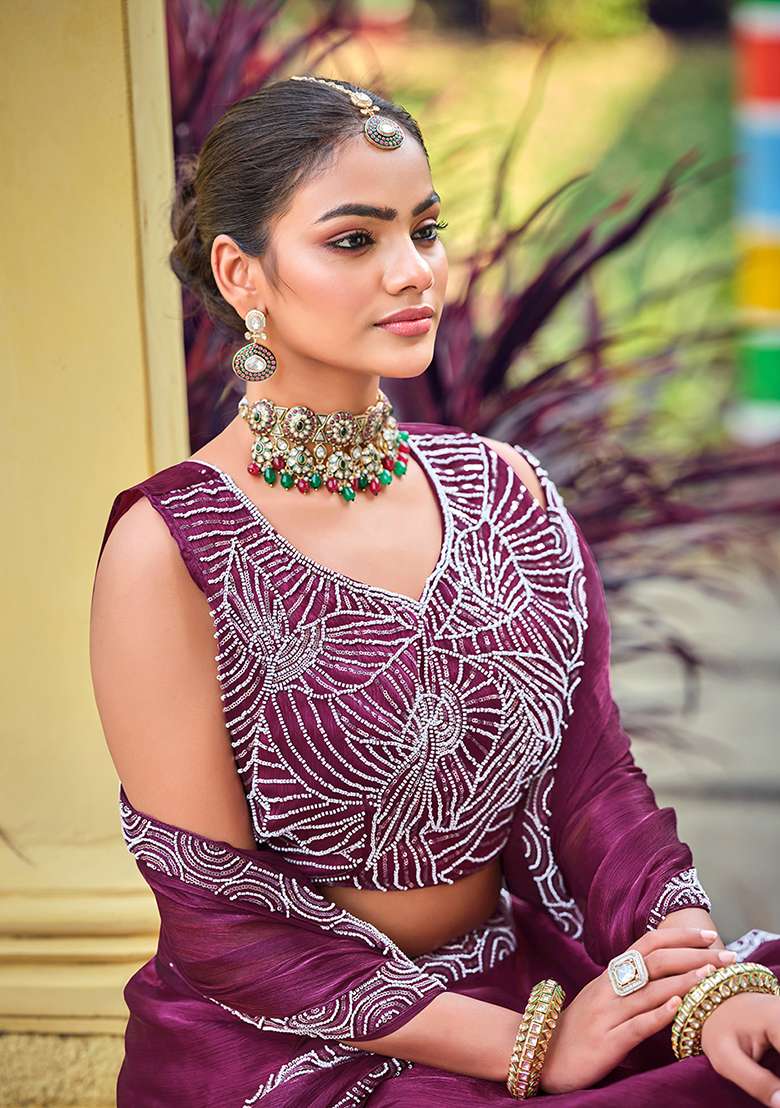 Purple With Dupatta Silk Blend Lehenga Set with Embroidery for Diwali | Wedding & Festive Wear - Indya